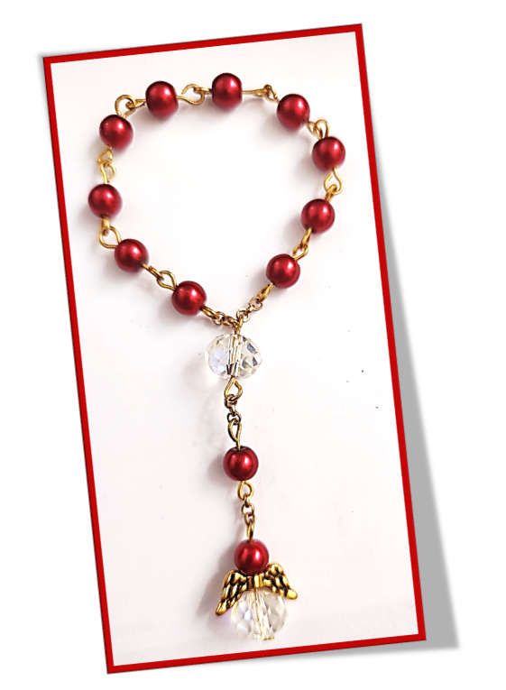 One Decade Angel Rosary in Blood Red Faux glass Pearls/Crystal