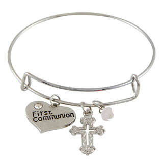First Communion Bangle Bracelet with Heart & Diamante', Cross & Crystal Bicone