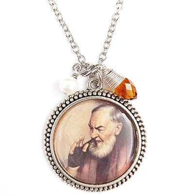 St Pio Pendant with Bead Drops Necklace - 55cm chain