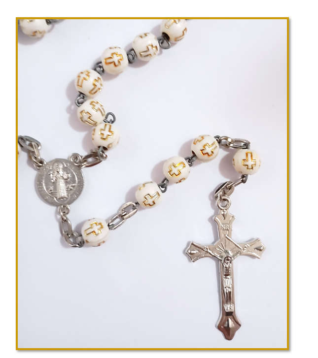 Gold Cross on White Bead Rosary - 5 decade