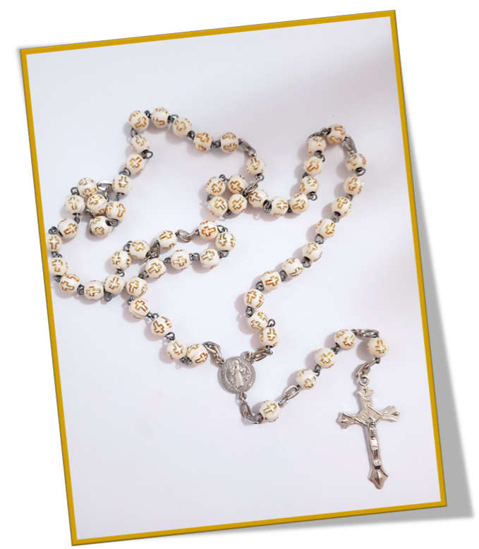 Gold Cross on White Bead Rosary - 5 decade