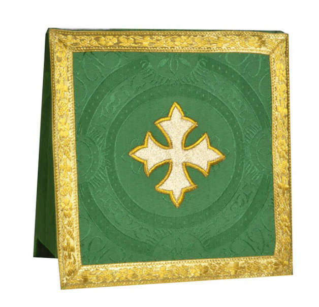 Burse in Damask with Gold Fleur de Lis Cross Applique / Embroidery - GREEN