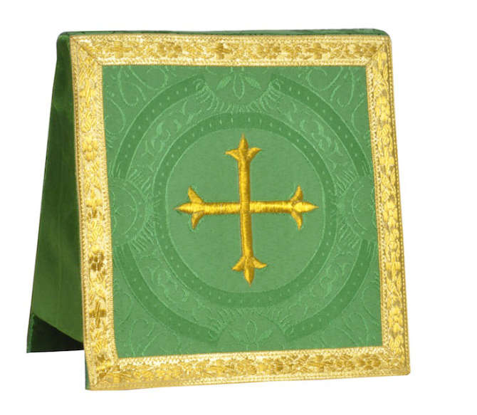 Burse in Damask with Gold Fleur de Lis Cross Embroidery - GREEN