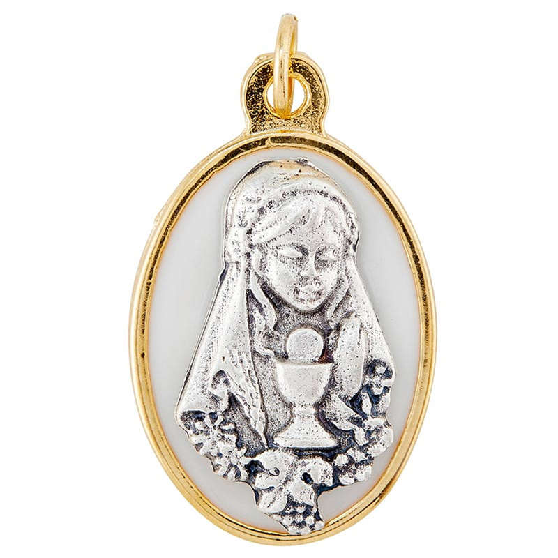 First Holy Communion Girl Medal with White Enamel - Oval/Gold