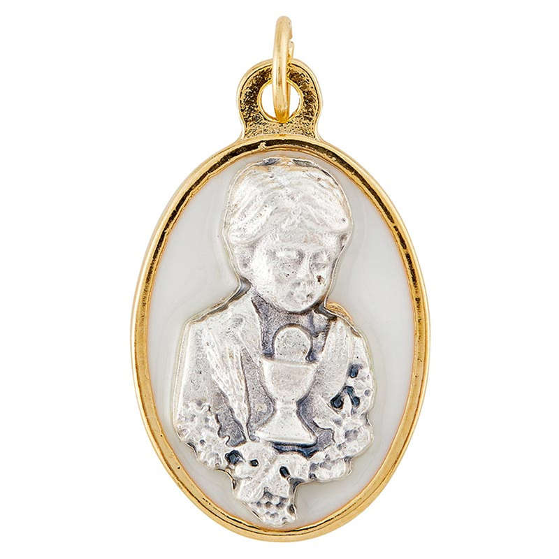 First Holy Communion Boy Medal with White Enamel - Oval/Gold