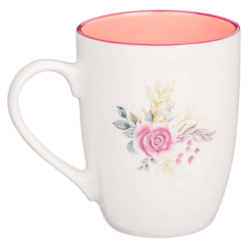 Floral Cross Ceramic Mug With Pink Rim & Interior