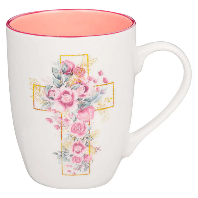 Floral Cross Ceramic Mug With Pink Rim & Interior