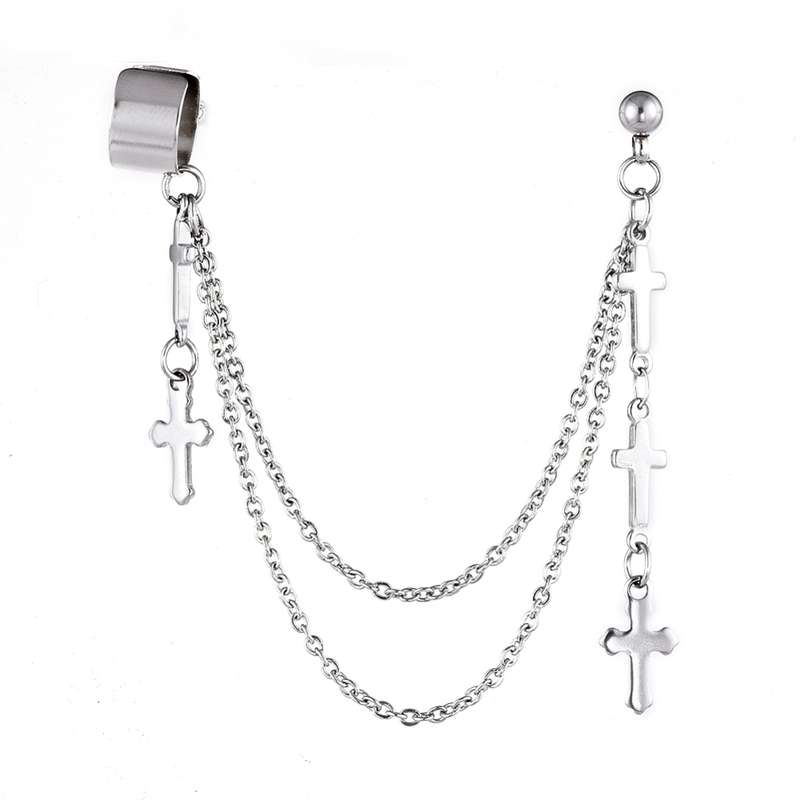 304 Stainless Steel Cuff Earrings with Cable Chain and Crosses