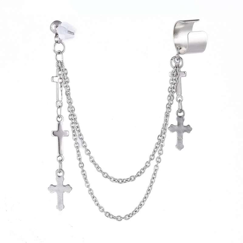 304 Stainless Steel Cuff Earrings with Cable Chain and Crosses