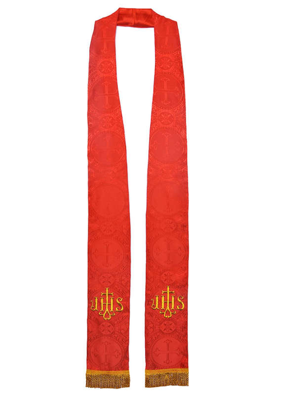 Red Stole with Cross Embroidery at Neck and JHS Golden embroidery