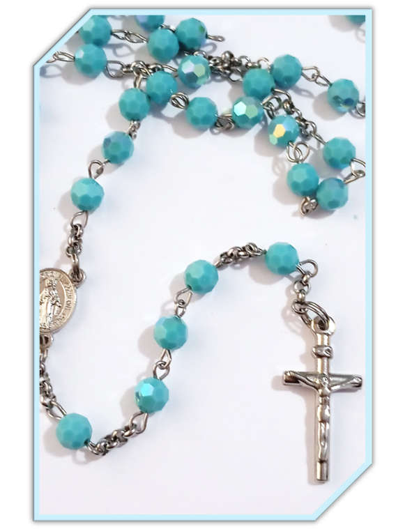 December Birthstone - Genuine Preciosa Turquoise AB Crystal Rosary set in Stainless Steel