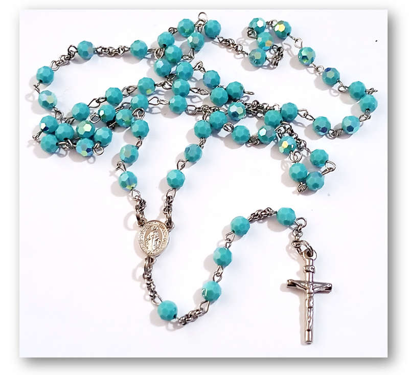 December Birthstone - Genuine Preciosa Turquoise AB Crystal Rosary set in Stainless Steel