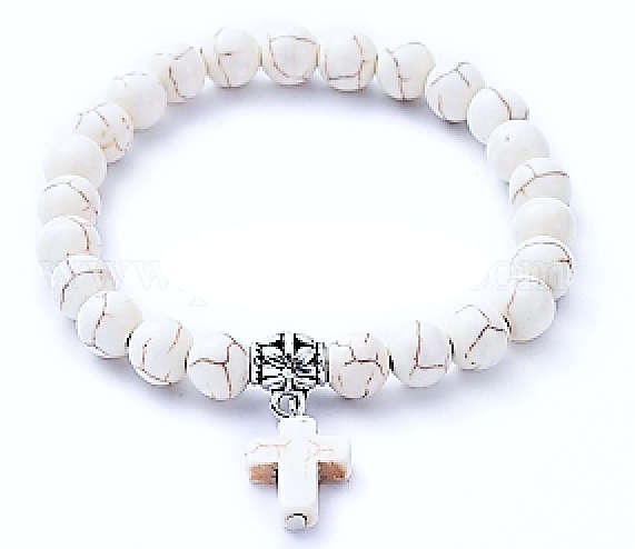 Semi Precious Stone Howlite Stretch bracelet with Cross - White