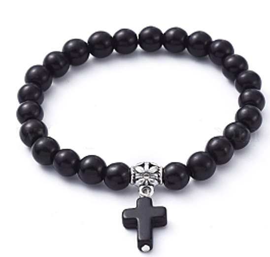 Semi Precious Stone Howlite Stretch bracelet with Cross - Black