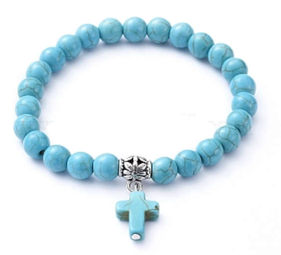 Semi Precious Stone Howlite Stretch bracelet with Cross - Turquoise