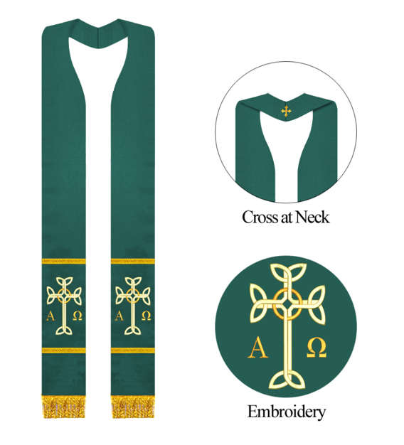 Green Stole with Fleur de Lis Cross Embroidery at neck and Celtic Cross Knots with Alpha & Omega ...
