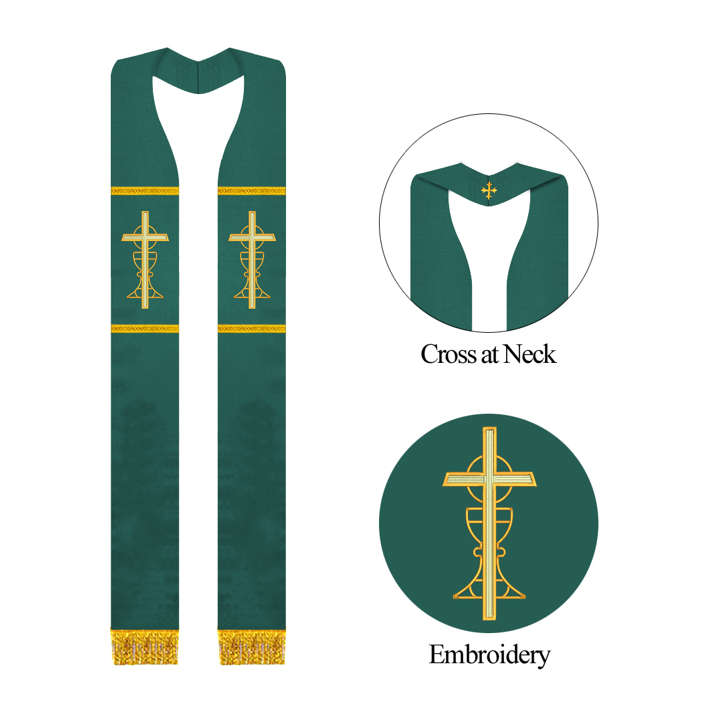 Green Stole with Fleur de Lis Cross Embroidery at neck and Cross, Chalice & Eucharist embroidery