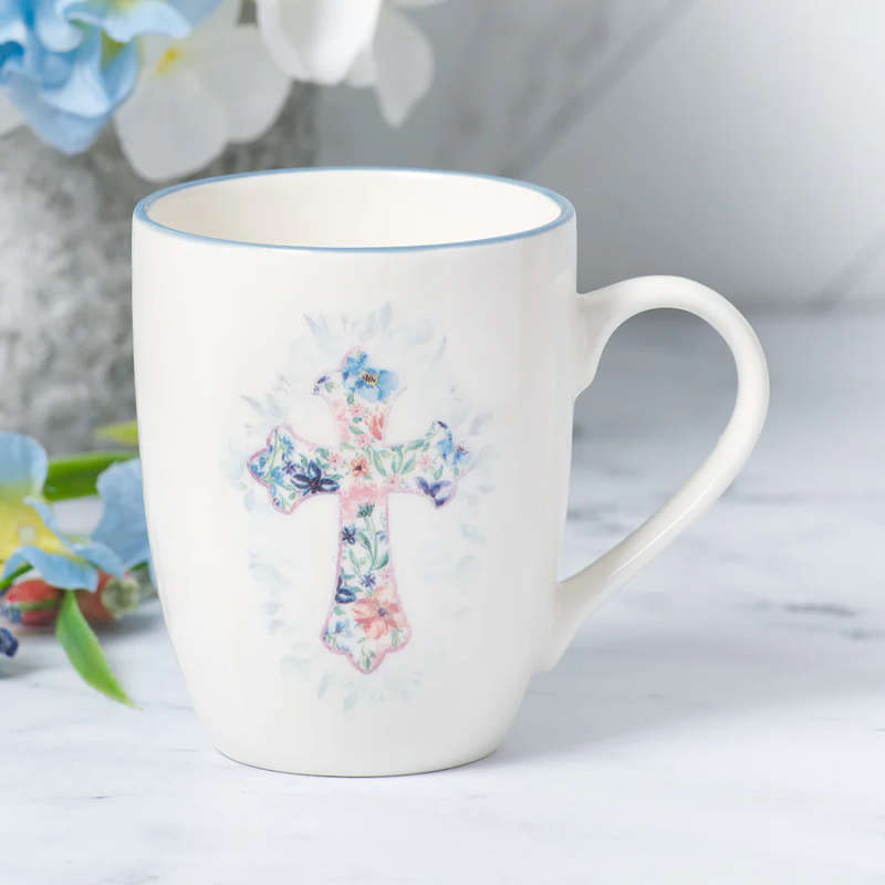 Floral Cross Blue Rimmed Ceramic Mug