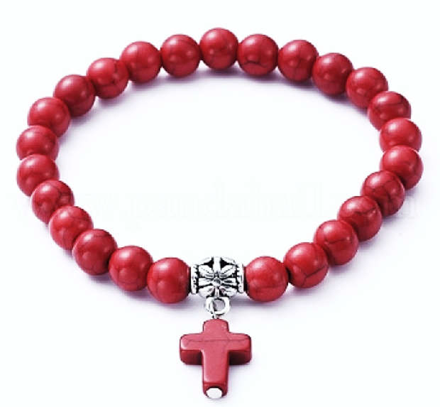 Semi Precious Stone Howlite Stretch bracelet with Cross - Red