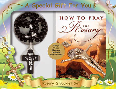 Black Wooden Cord Rosary with Rosary Booklet Gift Box