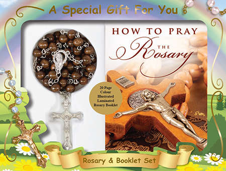 Brown Wooden Chain Rosary with Rosary Booklet Gift Box