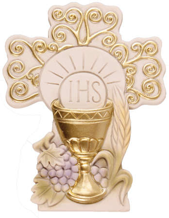 First Holy Communion Standing Cross with Chalice, Eucharist, Vines & Grapes - 10cm
