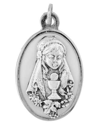 1st Holy Communion Girl Medal with White enamel Inlay - Silver 25mm