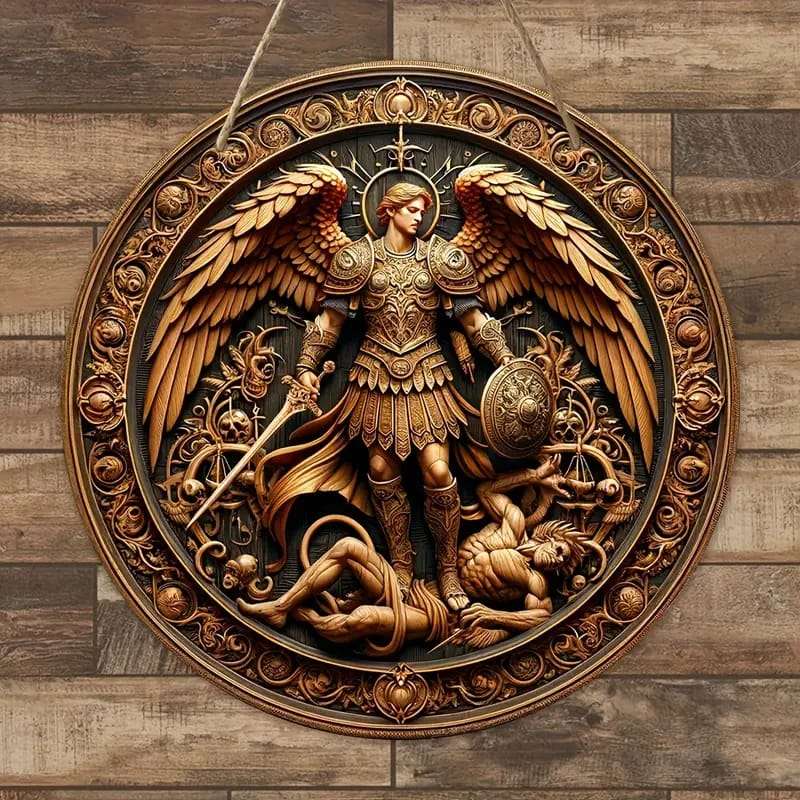 St Michael the Archangel - Wooden Wall plaque - 20cm Diameter