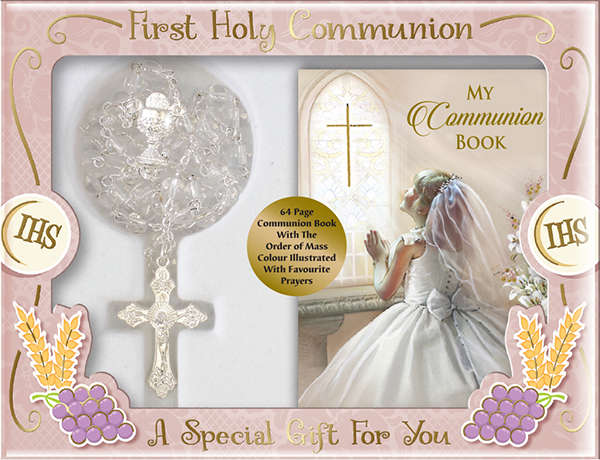 First Holy Communion Glass Rosary & My First Communion Mass Book Gift Set - Girl