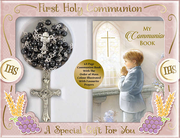 First Holy Communion Imitation Hematite Rosary & My First Communion Mass Book Gift Set - Boy