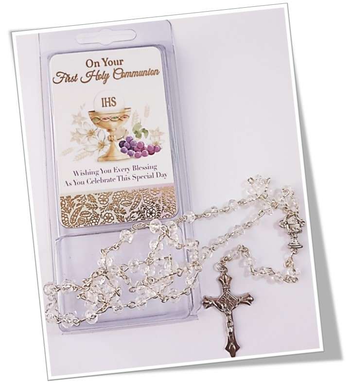 On the Day of your First Holy Communion - Acrylic Crystal Rosary with Prayer Laminated Card Gift ...