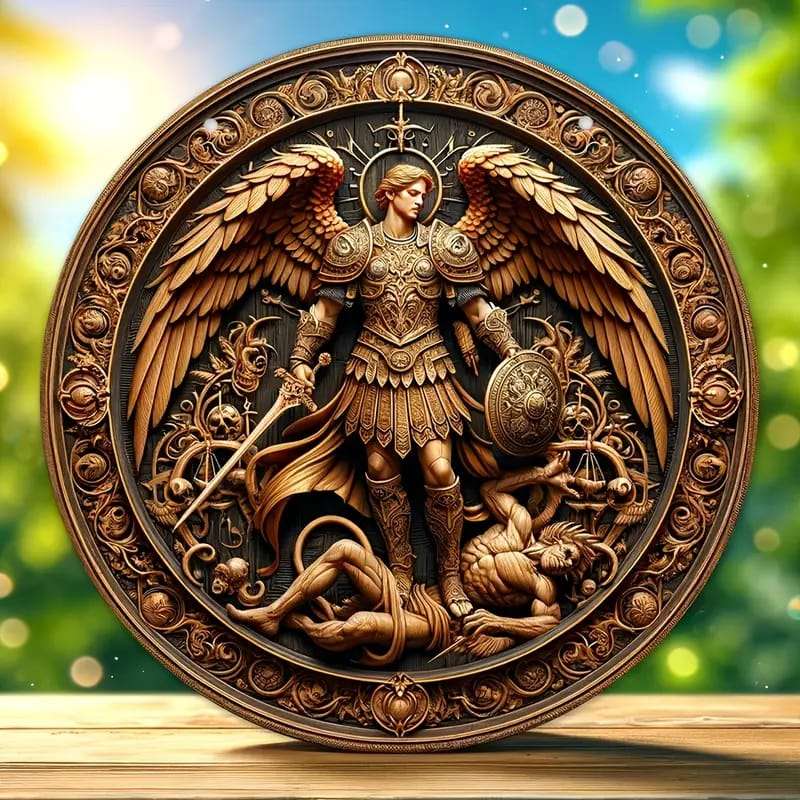 St Michael the Archangel - Wooden Wall plaque - 20cm Diameter