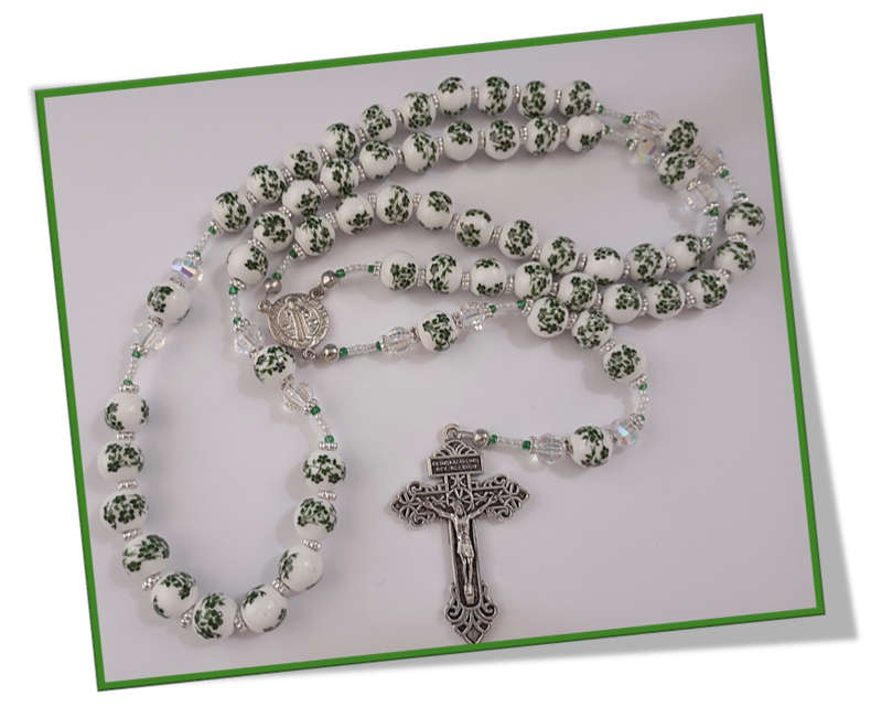 Green Delicate flowered Porcelain Rosary -  Threaded Design