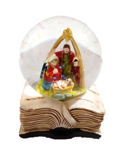 Mini Nativity Water Globe on Bible in Golden Arch