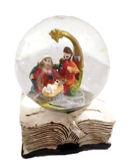 Mini Nativity Water Globe on Bible in Golden Half Arch