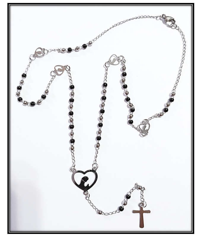 Stainless Steel Necklace Rosary - Black Glass/Stainless steel mix