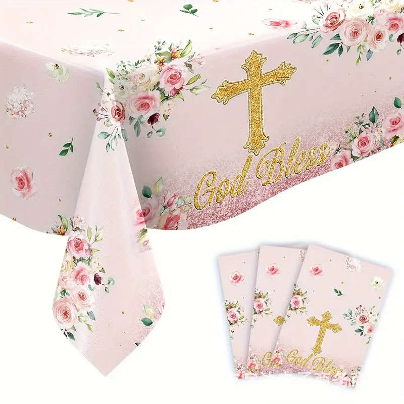 God Bless Plastic Table Cloth- Shades of Pink & Gold -   220 x 130cm