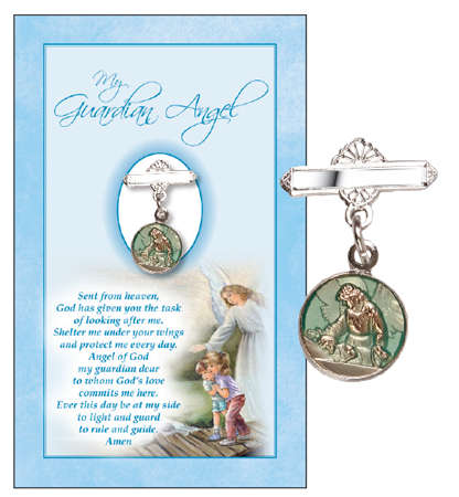 Guardian Angel Baby Brooch on prayer card -Blue