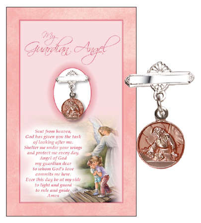 Guardian Angel Baby Brooch on prayer card - Pink