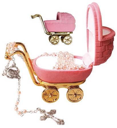 Faux Pink Pearl 4mm Rosary in a Pink Pram
