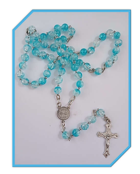 8mm Acrylic Crackle Sky Blue/Clear Rosary
