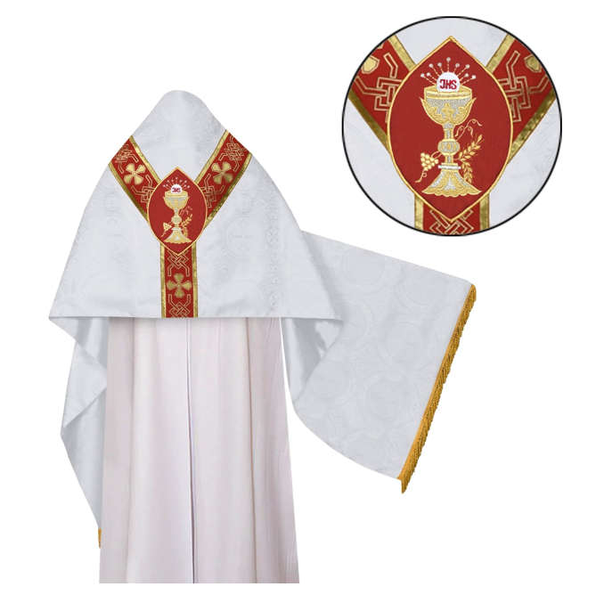 White Humeral Veil in Damask with Red Cross design - Embroidery in gold/silver Chalice & Eucharist