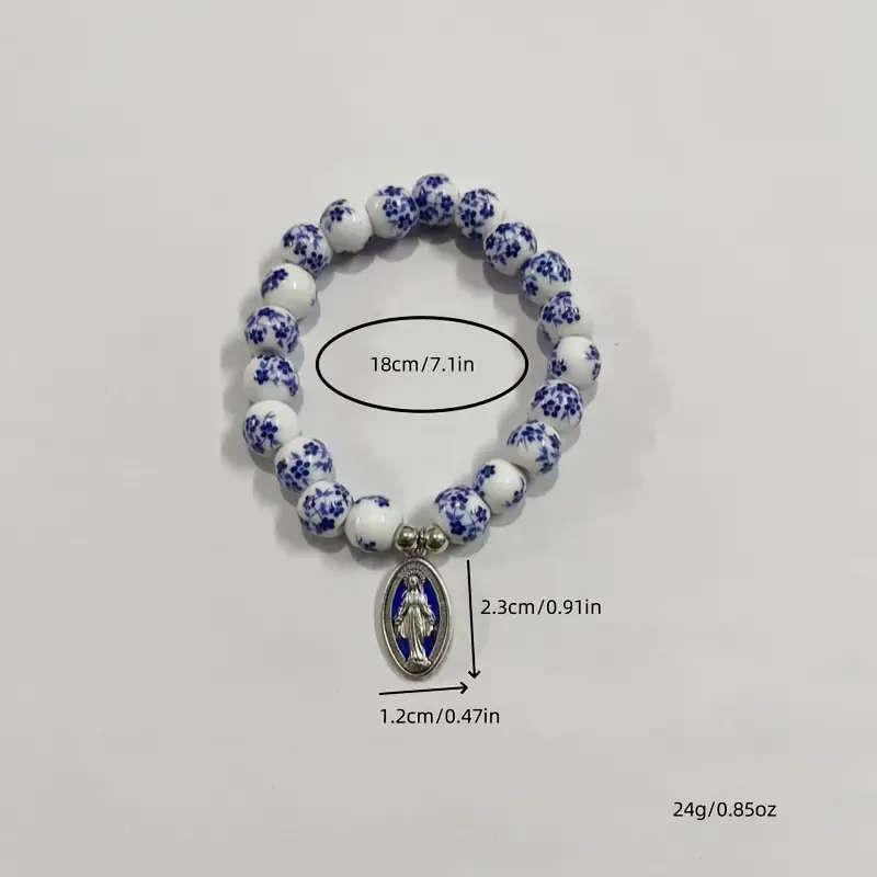 Porcelain Bracelet with delicate blue flowers and Miraculous Medal with blue inlay