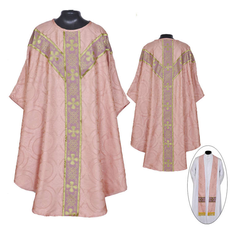 Rose Pink Chasuble in Brocade with Golden Cross Designs - Import