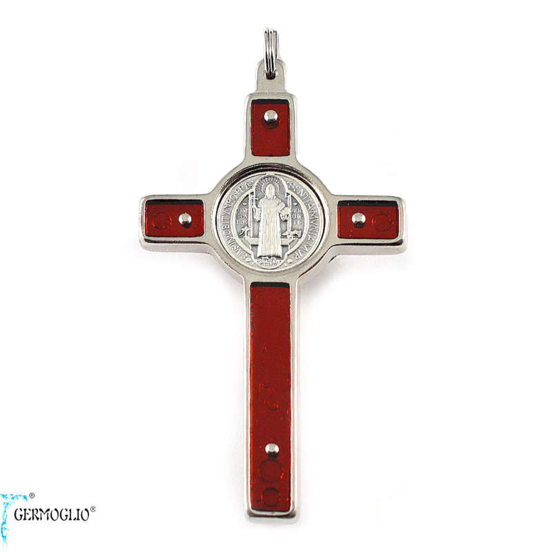 19cm St Benedict Crucifix in silver with Red Inlay