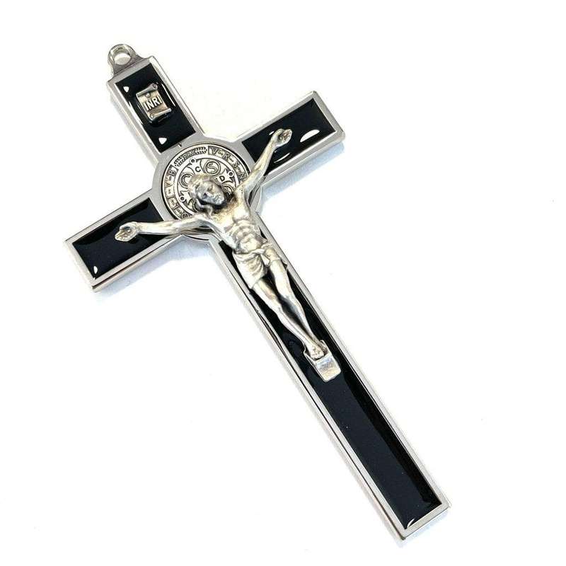 19cm St Benedict Crucifix in silver with Black Inlay