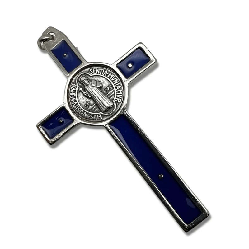 19cm St Benedict Crucifix in silver with Blue Inlay