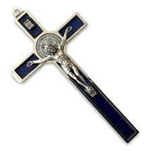 19cm St Benedict Crucifix in silver with Blue Inlay