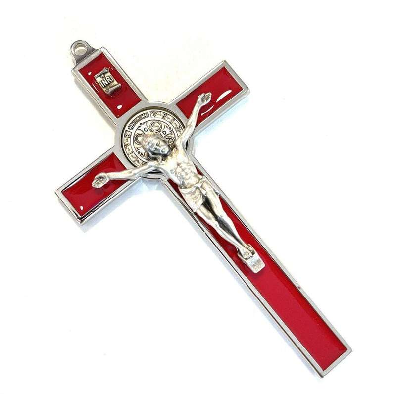 19cm St Benedict Crucifix in silver with Red Inlay
