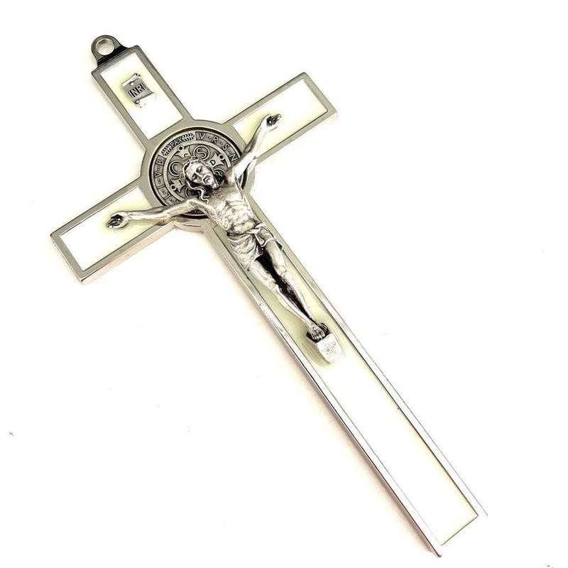 19cm St Benedict Crucifix in silver with White Inlay
